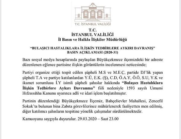 İstanbul Valiliği tarafından yapılan açıklamada ev partisi 'Tedbirlere aykırı davranış' olarak nitelendirildi...