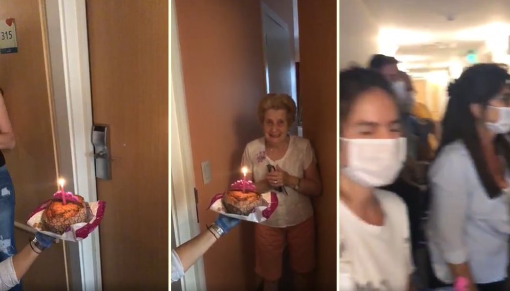 Sosyal Mesafe Kuralına Uyarak Yaşlı Bir Kadının Doğum Gününü Kutlayan Güzel İnsanlar