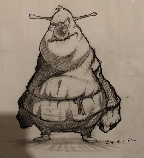 4. Dün DreamWorks animasyon sergisini ziyaret ettim ve filmin prodüksiyonundan Shrek'in ilk çizimini buldum.