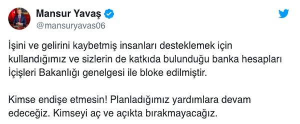ABB Başkanı Mansur Yavaş ise bloke edilen hesaplar sonrası "imseyi aç ve açıkta bırakmayacağız" açıklaması yaptı👇