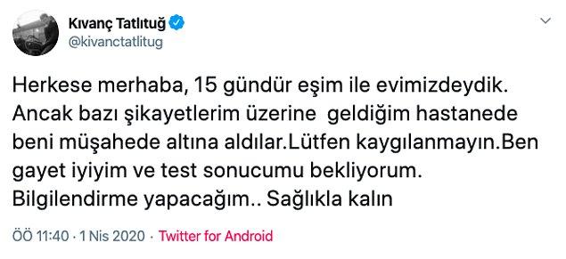 Bunun ortaya çıkmasıyla beraber Kıvanç Tatlıtuğ da Twitter hesabından bir açıklama yaptı.