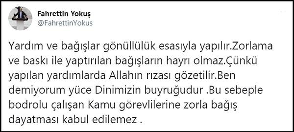İYİ Partili Fahrettin Yokuş da 'zorunlu bağış' iddialarını dile getirerek bu paylaşımı yapmıştı. 👇