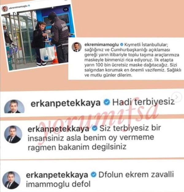 Ekrem İmamoğlu'nun bu paylaşımının ardından, Erkan Petekkaya'nın hesabından; İmamoğlu'na yönelik hakaret dolu yorumlar yazıldı!