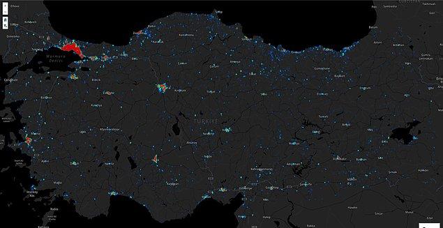 Türkiye geneli haritada büyükşehirlerde büyük bir yoğunluk olduğunu görüyoruz.