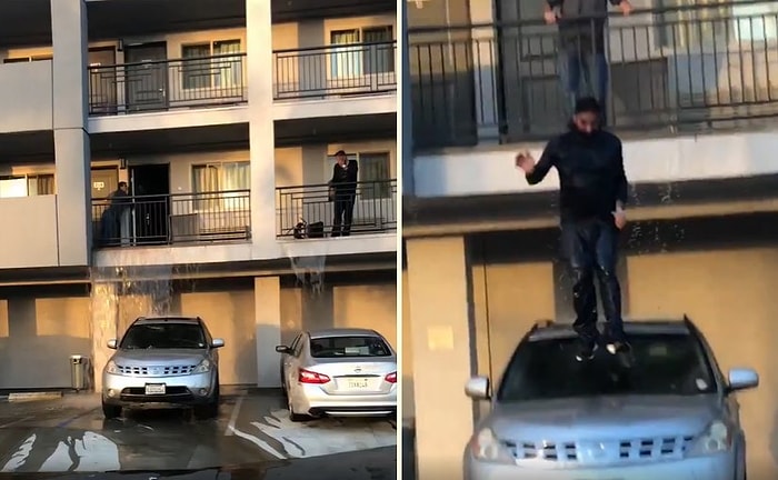 Otel Odasını Su Basınca Çareyi Balkondan Arabanın Üzerine Atlamakta Bulan Adam