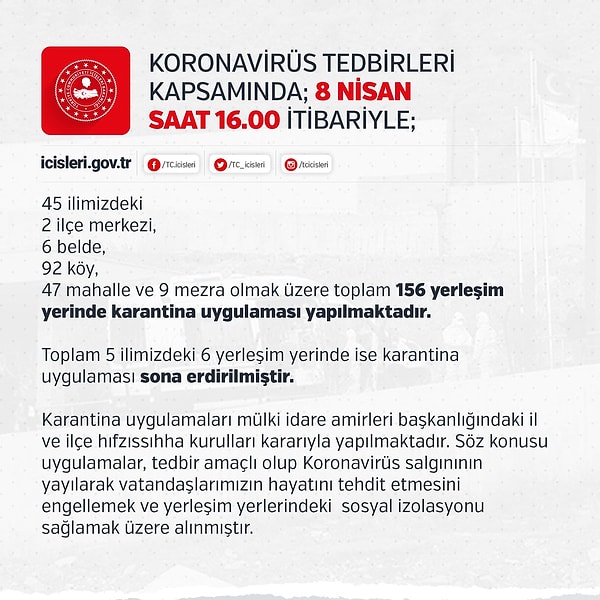 İçişleri Bakanlığı: "5 ildeki 6 yerleşim yerinde karantina uygulaması sona erdirildi"