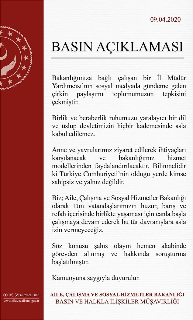 Bakanlık konuyla ilgili açıklama yaptı: "Görevden alınmış ve hakkında soruşturma başlatılmıştır"