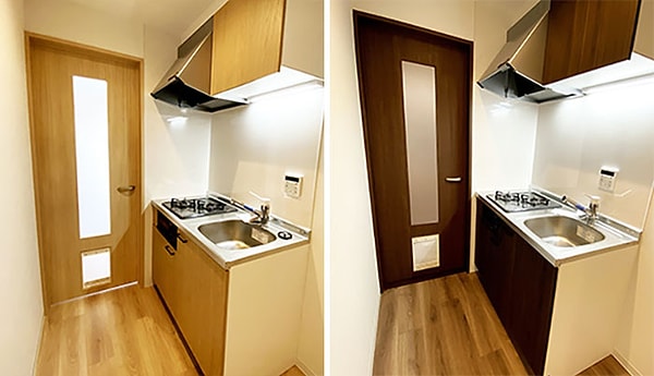 Апартаменты на первом этаже имеют интерьер из светлого дерева, в то время как второй этаж приобретает более темный оттенок.