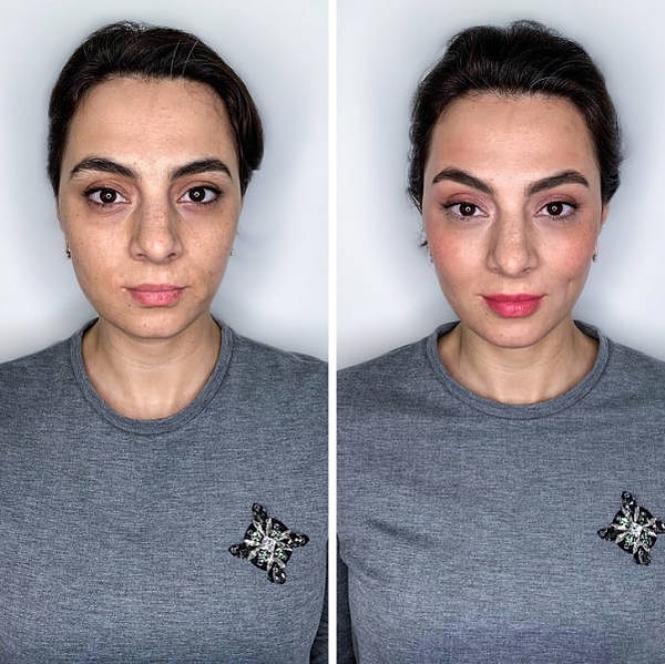 15. «На этот раз ко мне за преображением обратилась невероятная Ума, глазной хирург-травматолог. Больше всего ее волновал вопрос пигментации и витилиго, которые появились у нее после беременности. Слева макияж, который делает себе на каждый день сама Ума, а справа — мой вариант с минимумом косметики».