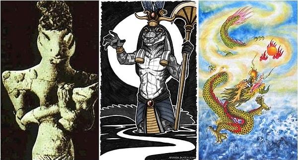 Bazıları Reptilian hikayelerinin çok eskiye dayandığını, Sümer mitolojilerinde ve Mısır firavunlarında yer aldığını söylemektedir.  Bunların yanında Çin, Hint ve Yunan mitolojilerinde de yarı insan yarı sürüngen tanrı figürlerine yer verilmiştir.