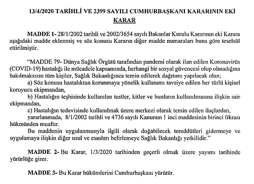 Resmi Gazete'de Yayımlandı: Sağlık Güvencesine Bakılmaksızın Covid-19 Hastaları Ücretsiz Tedavi Edilecek