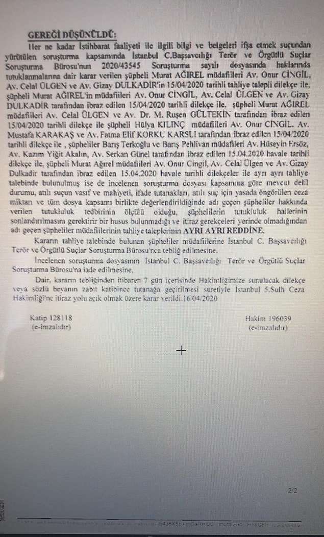 Avukat Ersöz mahkemenin kararını da paylaştı: