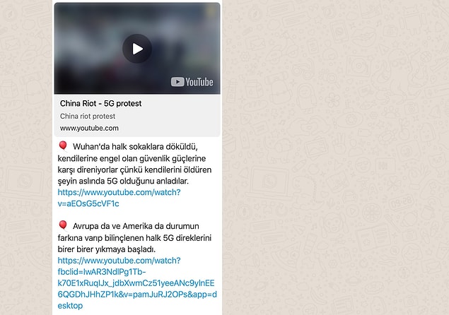 🎈 Gelelim WhatsApp'ta yayılan meşhur mesaja. İnsanların 5G'nin zararlarını gördüğü için yaptığı protestoları ortaya çıkardığını söylüyor bu mesaj ama...