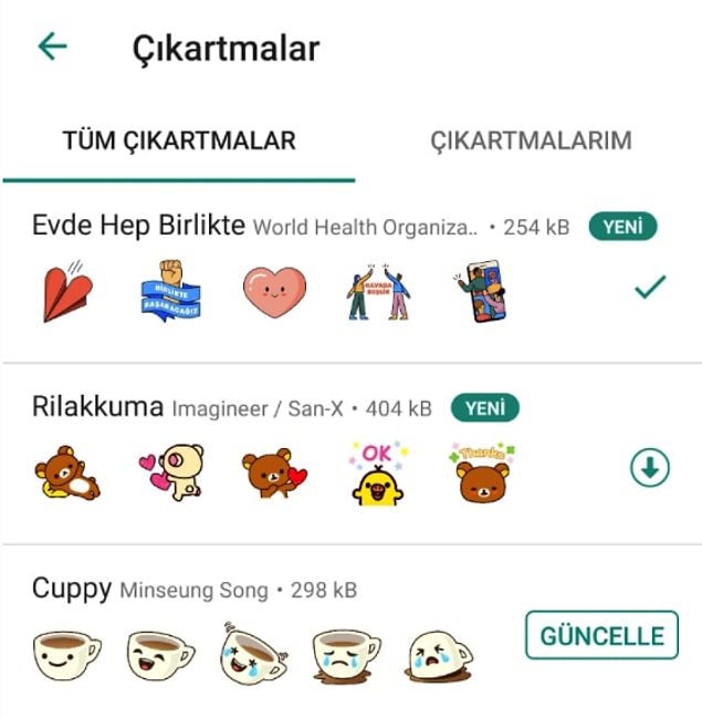 Çıkartmalar ekranına gittiğinizde hemen aşağıdaki gibi "Evde Hep Birlikte" setini en üstte göreceksiniz.