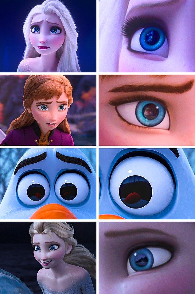 1. "Frozen 2" filminde karakterlerin gördüklerini gözlerindeki yansımalarda görebilirsiniz.