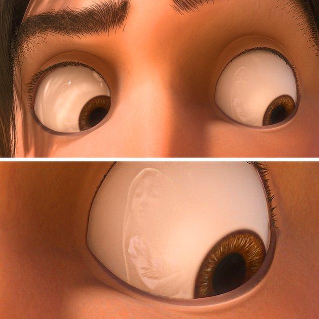 6. "Tangled" filminde sorgu sahnesi boyunca Rapunzel'in yansımasını Flynn'ın gözlerinde görebiliyoruz.