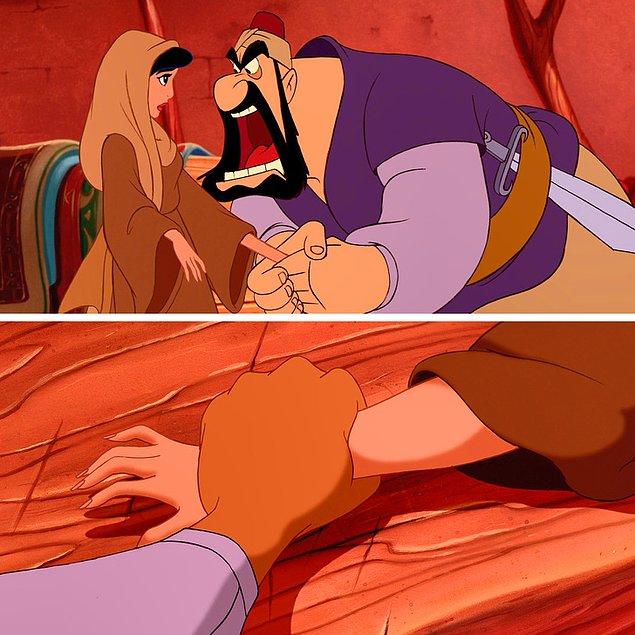 12. "Aladdin" filminde Jasmine elma çaldığında satıcı, onun elini masaya sertçe vuruyor. Masadaki kesik çizgiler ise daha önce kendisinden meyve çalan birçok ele zarar verdiğini gösteriyor.