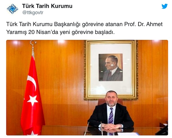 Türk Tarih Kurumu Twitter hesabından yeni başkan Yaramış'ın 20 Nisan'da göreve başladığını duyurdu 👇