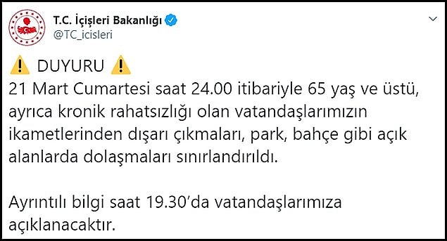 Koronavirüsten en çok etkilenen yaşlı ve hasta bireyler 21 Mart gününden itibaren sokağa çıkamıyor. Herhangi bir ihtiyaçları olduğunda da yetkililer yardım ediyor. Yani hiçbir koşulda dışarıya çıkmalarına izin verilmiyor.