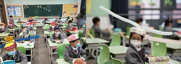 Pekin'deki bir ilkokuldan görüntüler.