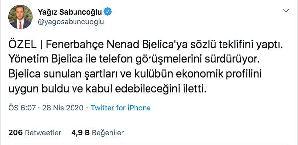 TRT Spor muhabiri Yağız Sabuncoğlu, Fenerbahçe'nin yeni teknik direktörü için Nenad Bjelica'ya teklif yaptığını açıkladı.
