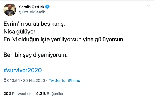 Oyunu Nisa ve Evrim'in kaybetmesinin ardından da bir başka bir tweet daha attı.