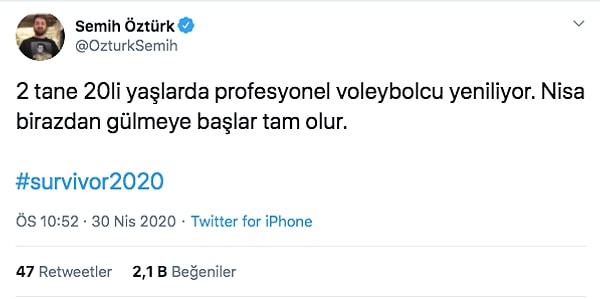 Dün akşam Acun Ilıcalı-İrem Kanan ve Nisa-Evrim arasında oynanan voleybol oyunu sürerken Semih bir tweet attı.