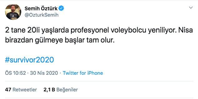 Dün akşam Acun Ilıcalı-İrem Kanan ve Nisa-Evrim arasında oynanan voleybol oyunu sürerken Semih bir tweet attı.