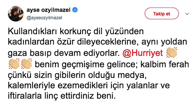 Ayşe Özyılmazel'in Defne Samyeli haberine verdiği tepkinin ardından, bu sefer aynı köşede Ayşe Özyılmaz'e yer verilmişti.