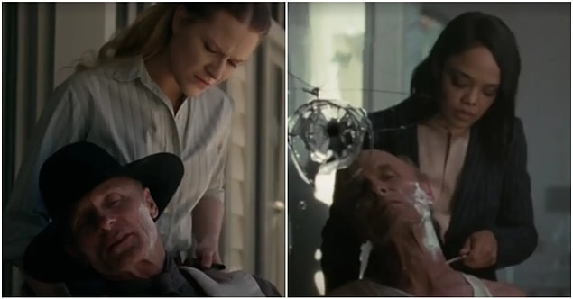 17. Charlotte'ın William'ı traş ettiği sahne bizi doğrudan 1. sezona, William'ın Dolores'e zorla sakallarını kestirdiği ana götürüyor.