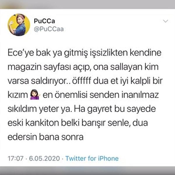 PuCCa şöyle bir tweet atarak, bu "Magazinci Kızlar" Instagram hesabının Ece Erken'e ait olduğunu iddia etti.