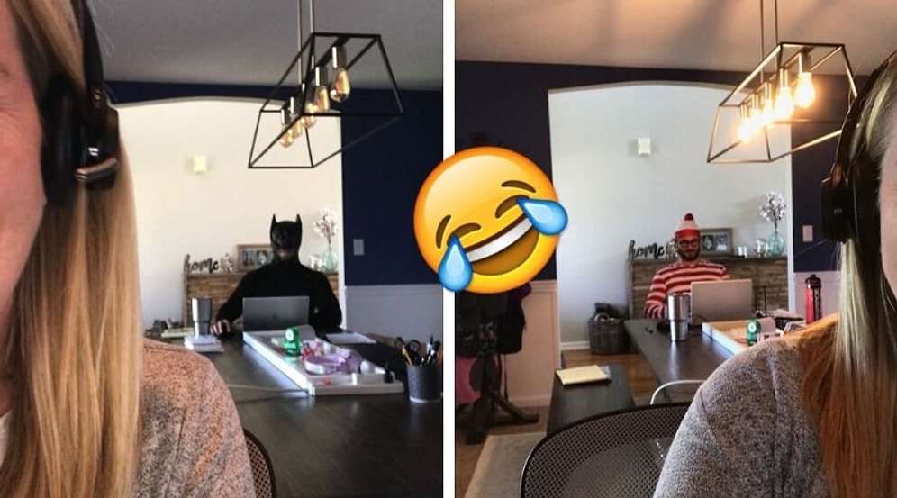 Мужчина надевает смешные костюмы, чтобы смутить свою жену во время ее рабочих видеозвонков