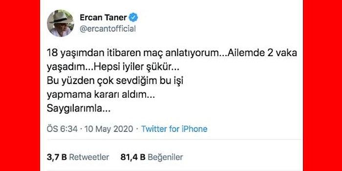 Futbolun Devam Kararına İlk Somut Tepki! Ercan Taner Koronavirüs Yüzünden Spikerlik Yapmayacağını Açıkladı