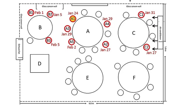Согласно наиболее правдоподобной теории, воздушный поток от кондиционирования воздуха в пространстве, возможно, увеличил распространение капель, содержащих коронавирус.