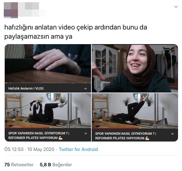 Hem hafızlık anılarını anlatan hem de spor yaparken vlog çeken Rabiaca'nın bunu 'yapamayacağını' ifade eden bu paylaşım epey tepki aldı.
