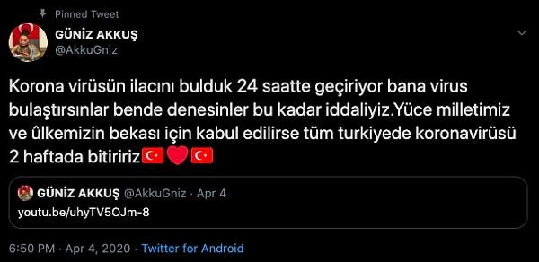 Sedat Peker'e mesaj gönderdiği videoyla şu günlerde sıkça konuşulan Akkuş, geçtiğimiz ay korona virüsüne ilaç bulduğunu iddia ettiği tweetiyle de gündeme gelmişti.