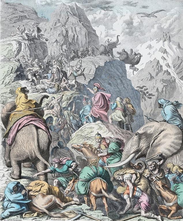 90 bin piyade, 10 bin süvari ve 37 fil gibi Antik Çağ için görülmemiş büyüklükte bir ordu ile hem de kabilelerle savaşarak Pirene ve Alp dağlarını geçen Hannibal, Roma’yı zapt etmeyi kafasına koyar.
