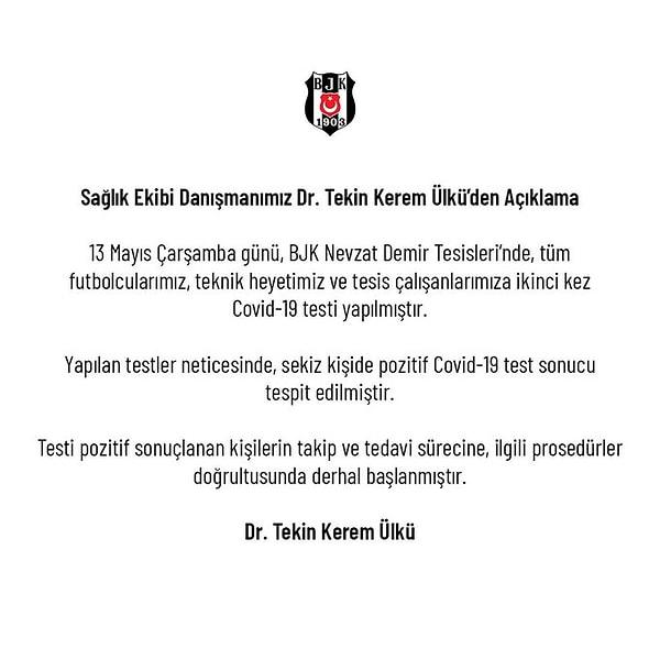 Beşiktaş Spor Kulübün Resmi İnternet Sitesinden ve Twitter hesabından yapılan açıklamada 13 Mayıs tarihinde 8 kişide pozitif olan vaka sayısının 15 Mayıs'ta 10 yükseldiğini bildirdi.