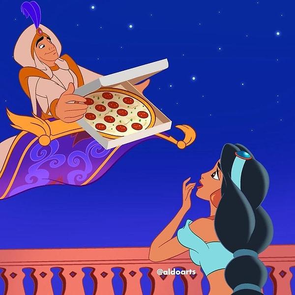 22. Sindirella'yı gören Aladdin hemen pizza servisine başlamış.