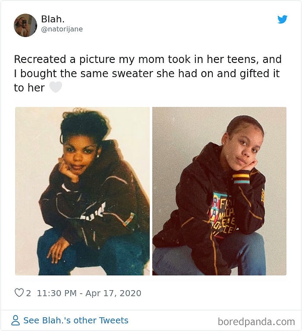 20. Воссоздала фото мамы во времена, когда она была подростком. Я даже купила такую же кофту как у нее была в те времена, и подарила ей