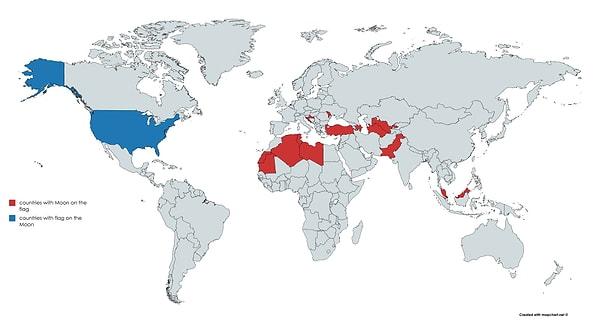 1. Kırmızı: Bayrağında ay olan ülkeler/ Mavi: Ay'da bayrağı olan ülkeler