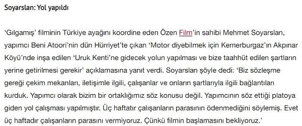 Bu arada, filmle ilgili bütün masrafları ve Ben Atoori'nin yemeklerine kadar her şeyi Türkiye'deki yapım şirketi çekmiş, yol bile yapılmış.