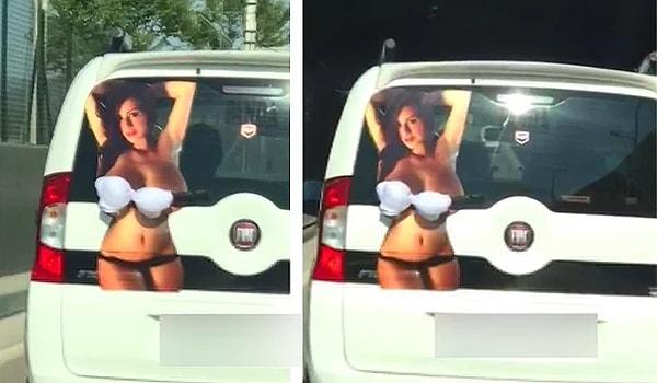 Aracına yapıştırdığı çıplak kadın fotoğrafı ve sileceğe bağlanmış sütyenle trafiğe çıktığı görüntüler sosyal medyaya düşen şahıs gözaltına alındı