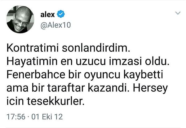 Fenerbahçe'nin tarihi boyunca en iyi yabancı futbolcusu olan, rekorların adamı Alex De Souza'dan kuşkusuz tüm Türkiye'yi üzen paylaşım..
