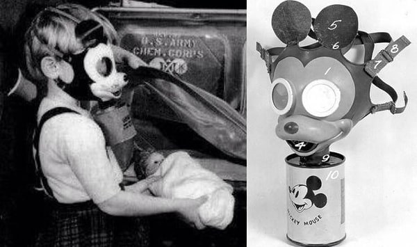 17. Противогазы для детей во время Первой мировой войны. Маски делали похожими на Микки Мауса, чтобы дети не боялись их надевать