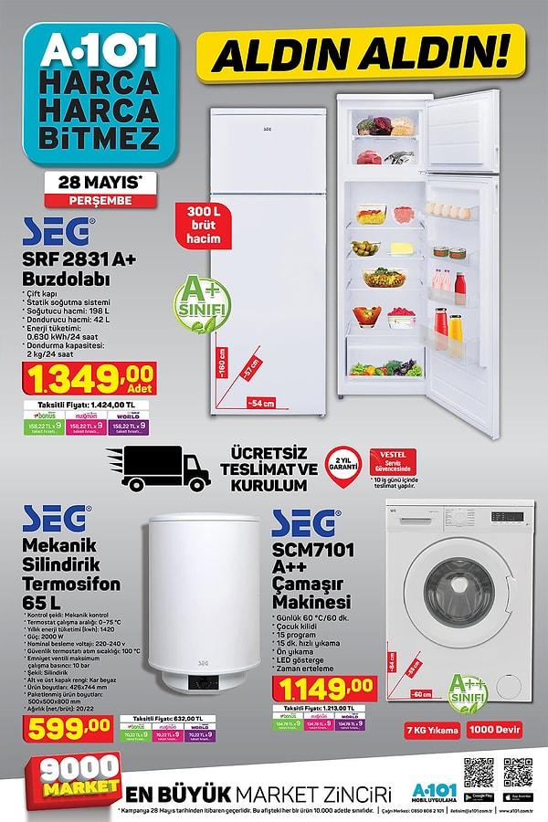 SEG marka buzdolabı ve çamaşır makinesi de bu hafta A101'de uygun fiyat avantajı ile satışa çıkıyor.