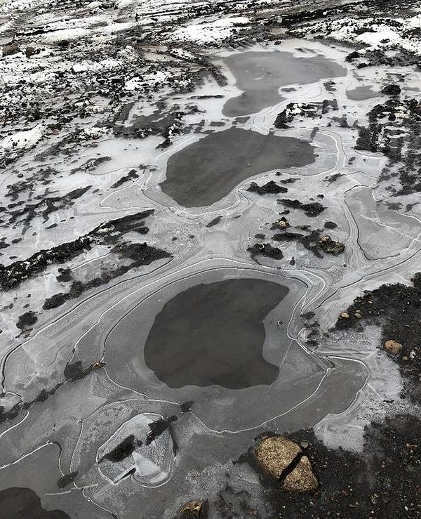 10. Donmuş göllerin kuş bakışı görüntüsüne benzeyen buz parçası: