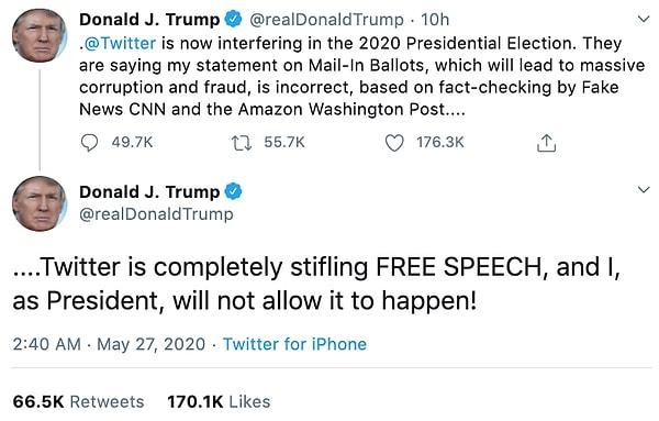 Trump, uyarının ardından yaptığı paylaşımda Twitter'ın ifade özgürlüğünü kısıtladığını söyledi