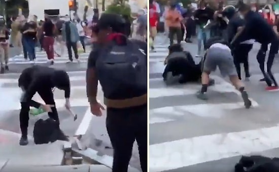 Kaldırım Taşlarını Sökmeye Çalışan Protestocuyu Engelleyip Polise Teslim Eden Protestocular