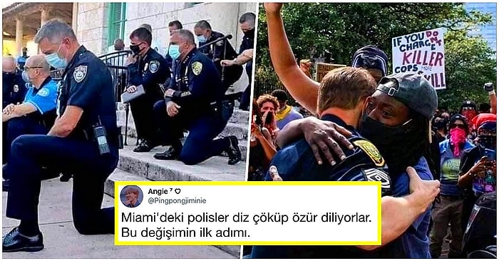 Protestocu Gruplar Geldiği Zaman Dizlerinin Üzerine Çöküp Özür Dileyen Miami Polisi Tüm Dünyaya Örnek Oldu!